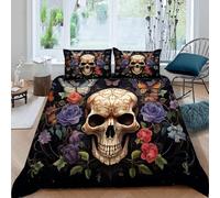 Housse de Couette 145x200 cm Papillon Fleur Rose Fille Garçon Parure de Lit en Microfibre 1 Personne Crâne d'halloween 3D Imprimé avec 2 Taie d'oreiller 50x75 cm (Dx11405)