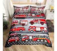 Housse de Couette 150x200 Enfant Camion de Pompiers Rouge Imprimé Motif Parure de Lit Camion de GéNie 1 Personne, Linge de Lit avec Fermeture Eclair avec 2 Taies d'oreiller 65x65 -D2