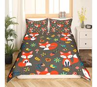 Housse de Couette 150x200 Le Renard De La Bande Dessinée, Floral Parure de Lit 1 Personne Imprimée 3D Microfibre, 2 Taies d'oreiller 65x65 cm