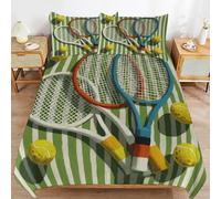 Housse de Couette 150x200 Raquette de Tennis Parure de lit 1 Personne Rayures Vertes et Blanches 3D Imprimée Doux Literie Set Microfibre Housses Couettes avec 2 Taies d'oreiller J-1536