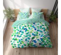 Housse de Couette 155 x 220 cm, Feuille Aquarelle Nature Parure de Lit en Microfibre Douce avec Taies d’Oreiller, Couette Cover Réversible avec Fermeture Éclair, Facile d’Entretien Bleu Vert