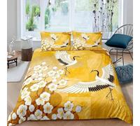 Housse de Couette 155x220 Grue Parure de Lit 1 Personne Style Japonais Imprimée 3D Microfibre Douce Fleurs de Cerisier Housse Couette Réversible avec 2 Taies d'oreiller 386e