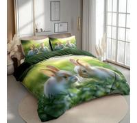 Housse de Couette 155x220 Lapin Parure de Lit 1 Personne Animaux Imprimée 3D Microfibre Douce Vert Housse Couette Réversible avec 2 Taies d'oreiller b3446