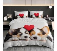 Housse de Couette 160 x 200 Chiots et Animaux Imprimé 3D Parure de lit 1 Personne Cœur Rond avec 2 Taies d'oreiller 65x65 cm Douce Microfibre Literie 3 Pièces pour Enfants