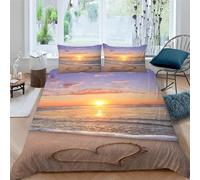Housse de Couette 160 x 200 Garçon Fille Coucher de Soleil sur la Plage Parure de lit 1 Personne Plage 3D Douce Microfibre Literie Set 3 Pièces Fermeture Éclair avec 2 Taies d'oreiller a-1341