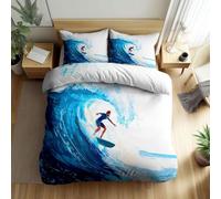 Housse de Couette 160 x 200 Garçon Fille Surf D'été Parure de lit 1 Personne Thème Océanique 3D Douce Microfibre Literie Set 3 Pièces Fermeture Éclair avec 2 Taies d'oreiller b_1413