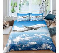 Housse de Couette 160x200 Avion Imprimée 3D Ciel Bleu Volant Parure de Lit 1 Personne Doux Microfibre Literie avec 2 Taies D'oreillers 65x65 cm avec Fermeture Éclair N.1029