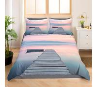 Housse de Couette 160x200 Bord de Lac 3D Parure de Lit Pont en Bois Artistique en Microfibre Doux Housses Couettes 1 Personne avec Fermeture Éclair avec 2 Taies d'oreiller 65x65 cm K.2354