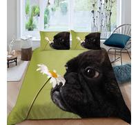 Housse de Couette 160x200 Bouledogue Français Parure de Lit 1 Personne Fleurs Imprimé 3D Microfibre Doux Housses Couettes avec Fermeture Éclair et 2 Taies d'oreiller P.737