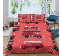Housse de Couette 160x200 Camion de Pompiers Rouge Parure de Lit 1 Personne Style Rétro Imprimée 3D Microfibre Literie Set 3 Pièces avec Housses Couettes et 2 Taies d'oreiller E-4174