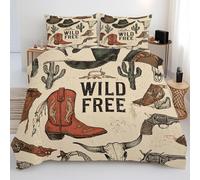Housse de Couette 160x200 Campagne Western Cowboy - Parure de Lit Motif Rustique Sauvage Ouest Réversible avec 2 Taies d'oreiller, Microfibre Ultra Douce avec Fermeture Éclair - 3 Pièces V02j528