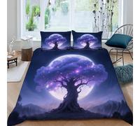 Housse de Couette 160x200 cm l'arbre de Vie au Clair de Lune Violet Parure de Lit Microfibre, Ciel Lunaire 3 Pièces Ensemble de Literie, avec 1 Housse de Couette et 2 Taie d'oreiller (Dx8263)