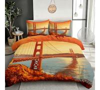 Housse de Couette 160x200 cm Pont du Golden Gate Réversible en Microfibre | Parure de Lit 3 Pièces en Microfibre Douce pour Lit 2 Personnes, Motif Paysage Urbain, 2 Taies d'oreiller