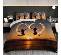 Housse de Couette 160x200 Cœur de Couple Parure de Lit 1 Personne Coucher de Soleil sur la Mer Imprimée 3D Microfibre Literie Set 3 Pièces avec Housses Couettes et 2 Taies d'oreiller v.3422