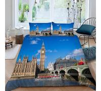 Housse de Couette 160x200 Enfant Big Ben 3D Parure de Lit 1 Personne en Microfibre Londres 3 Pièces Ensemble de literie Noir avec Fermeture Éclair et 2 Taies d'oreiller h-2310