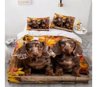 Housse de Couette 160x200 Enfant Chiot Teckel 3D Parure de Lit 1 Personne en Microfibre Animaux de Compagnie 3 Pièces Ensemble de literie Brun avec Fermeture Éclair et 2 Taies d'oreiller h-1754