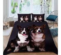 Housse de Couette 160x200 Enfant Corgi 3D Parure de Lit 1 Personne en Microfibre Chiots 3 Pièces Ensemble de literie Blanc avec Fermeture Éclair et 2 Taies d'oreiller h-2180