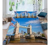 Housse de Couette 160x200 Enfant Paysage Urbain 3D Parure de Lit 1 Personne en Microfibre Pont de Londres 3 Pièces Ensemble de literie Noir avec Fermeture Éclair et 2 Taies d'oreiller h-1182