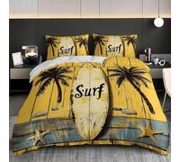 Housse de Couette 160x200 Enfant Planche de Surf en Bois 3D Parure de Lit 1 Personne en Microfibre Style Rétro 3 Pièces Ensemble de literie Jaune avec Fermeture Éclair et 2 Taies d'oreiller h-1395
