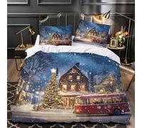 Housse de Couette 160x200 Enfant Sapin de Noël 3D Parure de Lit 1 Personne en Microfibre Bus de Noël Sous la Neige 3 Pièces Ensemble de literie Aquarelle avec Fermeture Éclair et 2 Taies d'oreiller e8