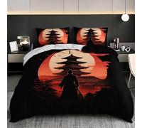 Housse de Couette 160x200 Enfant Soleil Rouge 3D Parure de Lit 1 Personne en Microfibre Architecture Japonaise 3 Pièces Ensemble de literie Noir avec Fermeture Éclair et 2 Taies d'oreiller h-1390