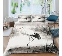 Housse de Couette 160x200 Enfant Style Japonais 3D Parure de Lit 1 Personne en Microfibre Motif Grue Bambou 3 Pièces Ensemble de literie Gris avec Fermeture Éclair et 2 Taies d'oreiller h-1801