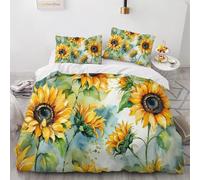 Housse de Couette 160x200 Enfant Tournesols Peints à Main 3D Parure de Lit 1 Personne en Microfibre Fleurs Jaunes 3 Pièces Ensemble de literie Jaune-Vert avec Fermeture Éclair et 2 Taies d'oreiller r3