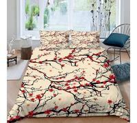Housse de Couette 160x200 Fleurs de Prunier d'hiver Rouges Microfibre Parure de Lit 3D Imprimée Peinture à L'encre Housse Couette Ultra Douce Confortable avec 2 Taies d'oreiller 65x65 I.1413
