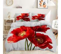 Housse de Couette 160x200 Fleurs Rouges Microfibre Douce Parures de Lit 1 Personnes Imprimé 3D Belles Fleurs Housses Couette avec 2 Taies d'oreiller et Fermeture Éclair g.5379