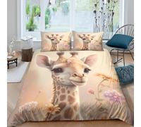 Housse de Couette 160x200 Girafe Imprimée 3D Dessins Animés Parure de Lit 1 Personne Doux Microfibre Literie avec 2 Taies D'oreillers avec Fermeture Éclair E.101
