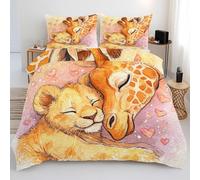Housse de Couette 160x200 Girafe Lion - Parure de Lit Motif Animaux d'Afrique Réversible avec 2 Taies d'oreiller 65x65, Microfibre Ultra Douce avec Fermeture Éclair - 3 Pièces U4f552