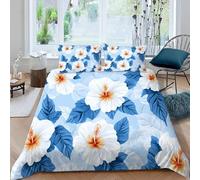 Housse de Couette 160x200 Hibiscus Hawaïen Parure de Lit 1 Personne Fleurs Tropicales Imprimée 3D Microfibre Literie Set 3 Pièces avec Housses Couettes et 2 Taies d'oreiller v.3320