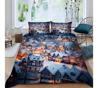 Housse de Couette 160x200 Hiver Parure de lit 1 Personne Ville de Neige Set de Housse Couette Microfibre Imprimée 3D Ensemble de Literie avec 2 Taies d'oreiller F-1287