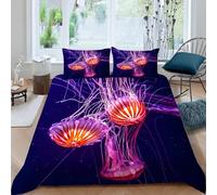 Housse de Couette 160x200 Méduse Rose Parure de Lit 1 Personne Vie Marine Imprimé 3D Microfibre Doux Housses Couettes avec Fermeture Éclair et 2 Taies d'oreiller P.408