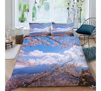 Housse de Couette 160x200 Mont Fuji Parure de Lit Fleurs Japonaises Ultra Doux Respirante Microfibre Literie Set 1 Personne avec Fermeture Éclair avec 2 Taies d'oreiller W.476
