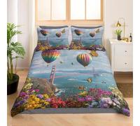 Housse de Couette 160x200 Montgolfière 3D Parure de Lit Pont en Microfibre Doux Housses Couettes 1 Personne avec Fermeture Éclair avec 2 Taies d'oreiller 65x65 cm K.2382