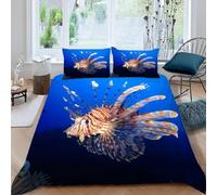 Housse de Couette 160x200 Océans et Poissons Parure de Lit Animaux Mignons 3D Ultra Doux Respirante Microfibre Housse Couette 1 Personne avec Fermeture Éclair et 2 Taies d'oreiller 65x65 b.3056