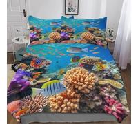 Housse de Couette 160x200 Poissons Tropicaux Parure de Lit 1 Personne Récifs Coralliens Imprimée 3D Microfibre Literie Set 3 Pièces avec Housses Couettes et 2 Taies d'oreiller A-3608