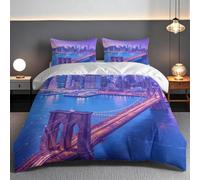 Housse de Couette 160x200 Pont de Brooklyn 3D, Chambre Adulte Ado | Microfibre Douce, Anti-froissage, la Ville de New York Parure de Lit 1 Personnes, 2 Taies d'oreille, Fermeture Éclair Cachée