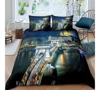 Housse de Couette 160x200 Pont de Londres Parure de lit 1 Personne Paysage Nocturne Urbain 3D Imprimée Doux Literie Microfibre Housses Couettes avec Fermeture Éclair et 2 Taies d'oreiller C-1950