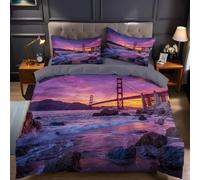 Housse de Couette 160x200 Pont du Golden Gate Parure de Lit 2 Personnes 3D San Francisco Ensemble de Literie en Microfibre avec Fermeture Éclair et 2 Taies d'oreiller 65x65 cm C-1788