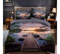 Housse de Couette 160x200 Pont en Bois Parure de Lit 2 Personnes 3D Vue sur Le Lac Ensemble de Literie en Microfibre avec Fermeture Éclair et 2 Taies d'oreiller 65x65 cm C-1816