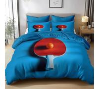 Housse de Couette 160x200 Raquette de Ping-Pong Rouge Parure de Lit Bleu Imprimé 3D Sets de Housses de Couettes en Microfibre Doux avec Fermeture Éclair et 2 Taies d'oreiller A-402