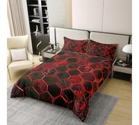 Housse de Couette 160x200 Ruche Rouge Parure de Lit Hexagones Géométriques Ultra Doux Respirante Microfibre Literie Set 1 Personne avec Fermeture Éclair avec 2 Taies d'oreiller W.188