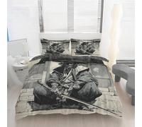 Housse de Couette 160x200 Samouraï Japonais Imprimé Peinture à l'Encre Parure de lit Réversible Microfibre avec Fermeture Éclair, 2 Personnes, Ensemble de Literie 3 Pièces et 2 Taies d'oreiller P113z