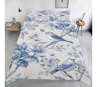 Housse de Couette 160x200 Toile de Jouy Bleu Imprimé Fleur Oiseau Parure de lit Réversible Microfibre avec Fermeture Éclair, 2 Personnes, Ensemble de Literie 3 Pièces et 2 Taies d'oreiller B217s