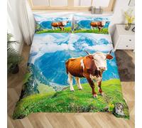 Housse de Couette 160x200 Vaches Parure de Lit 1 Personne Paysage de Montagne Enneigée Imprimée 3D Microfibre Literie Set 3 Pièces avec Housses Couettes et 2 Taies d'oreiller v.2876