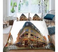 Housse de Couette 160x200 Ville Européenne Imprimée 3D Architecture Rétro Parure de Lit 1 Personne Doux Microfibre Literie avec 2 Taies D'oreillers 65x65 cm avec Fermeture Éclair c-2103