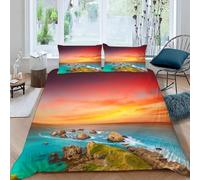 Housse de Couette 160x200 Vue sur L'océan Parure de Lit Coucher de Soleil en Bord de Mer Imprimé 3D Sets de Housses de Couettes en Microfibre Doux avec Fermeture Éclair et 2 Taies d'oreiller A-2194