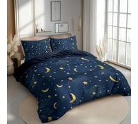 Housse de Couette 180 x 200 cm Étoiles et lune Thème ciel étoilé - Parure de Lit Enfant Adulte 1 Personnes avec Fermeture Éclair Sets de Housse Couette en Polycoton avec 2 Taie d'oreiller, Bleu
